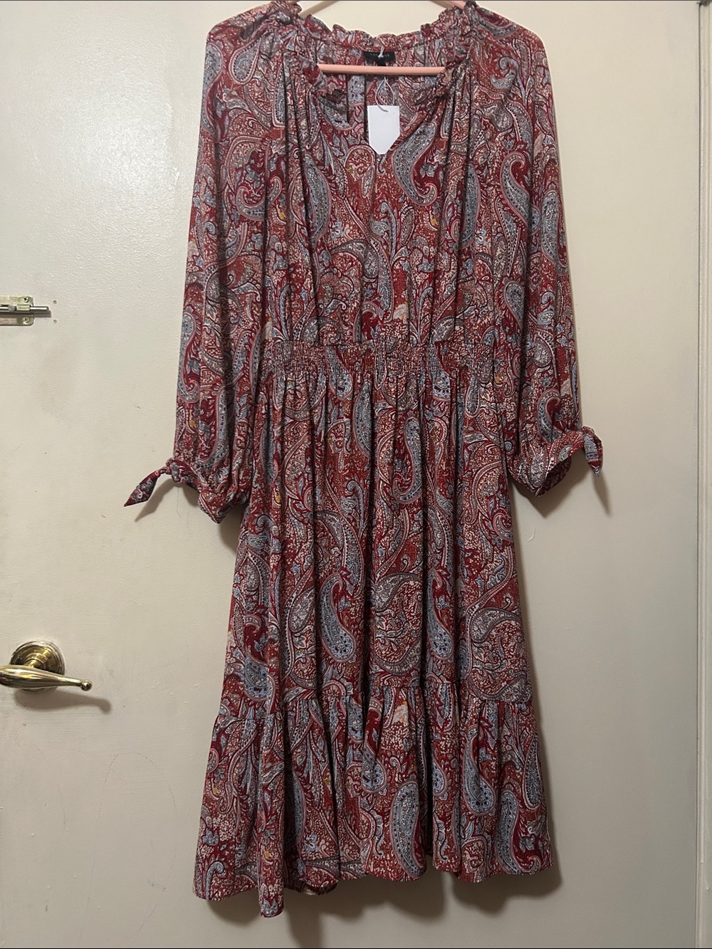 Talbots Red Paisley Long-Sleeve Midi Dress